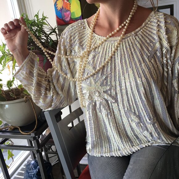 1980s Vintage Cream Sequin Chinese Silk Long Sleeve Blouse. - Picture 4 of 16